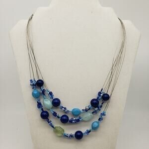 Blue Multilayered Wire Beaded Necklace with Adjustable Chain Closure